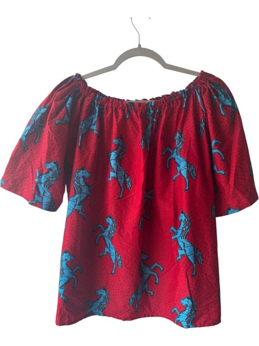 Handmade Red and Blue Pony Ruched Mid sleeve blouse shirt Unique Vintage whimsy